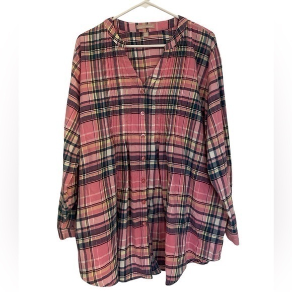 Women Within Flannel oversized Boho button down with smocking in size. 1X - Picture 1 of 6